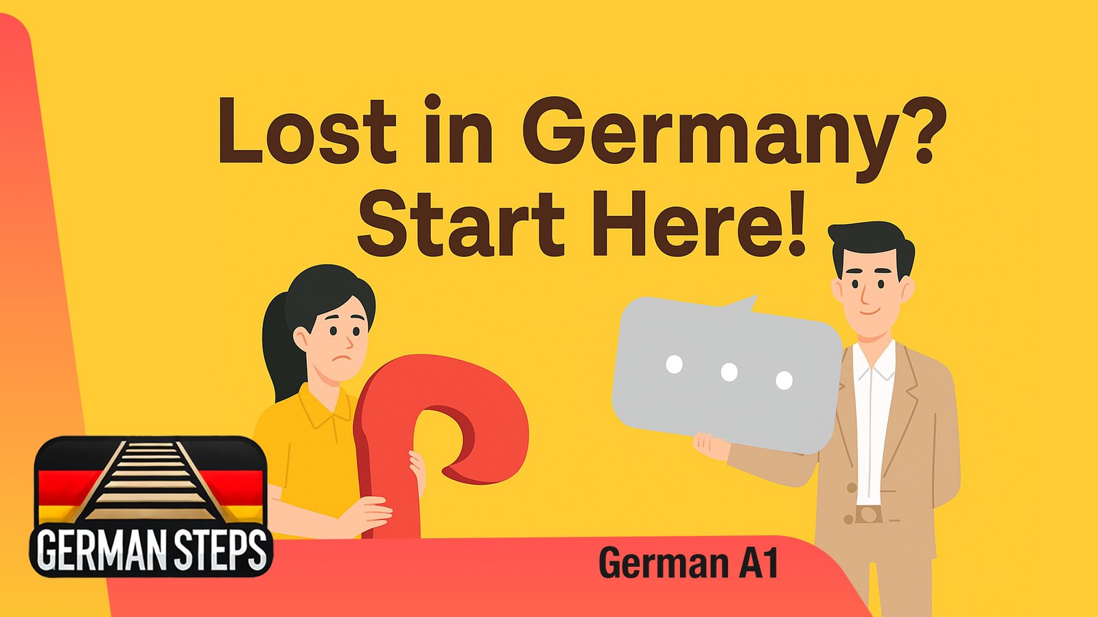 German A1 – Asking for Directions in 10 Simple Phrases -thumbnail Illustration of a confused woman holding a large red question mark and a helpful man offering a speech bubble, with the text “Lost in Germany? Start Here!” and “German A1” at the bottom, promoting German learning with the “German Steps” logo.